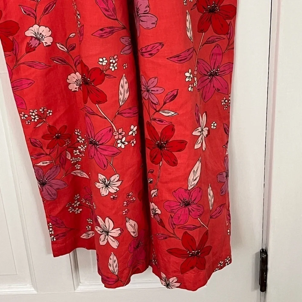 Banana Republic Cropped Linen Cotton Wide Leg Cropped Jumpsuit Red Floral Size 2